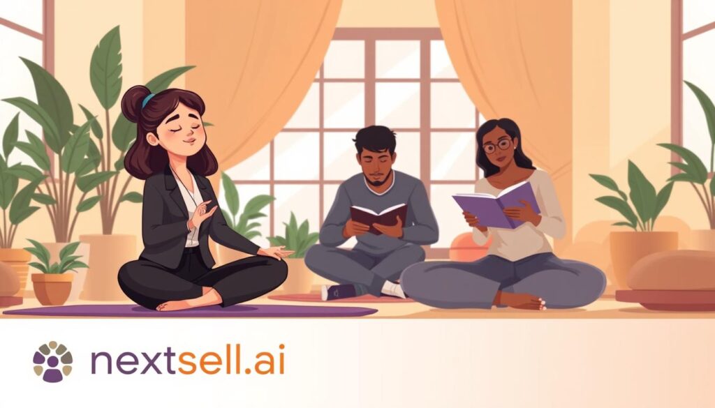 A serene indoor setting showcasing a group of diverse individuals engaged in self-awareness exercises. In the foreground, a focused woman in professional business attire meditating on a yoga mat, her eyes closed, surrounded by plants and soft cushions. In the middle, a man and a woman sit together, actively journaling and sharing thoughts, their expressions contemplative and engaged. The background features a large window with soft natural light streaming in, illuminating the space and creating a calm atmosphere. Warm colors dominate the scene, fostering a sense of tranquility and reflection. The overall mood conveys a nurturing environment for personal growth and self-discovery. The branding "nextself.ai" subtly integrated into an unobtrusive corner of the image, enhancing the focus on the practices depicted. A serene indoor setting showcasing a group of diverse individuals engaged in self-awareness exercises. In the foreground, a focused woman in professional business attire meditating on a yoga mat, her eyes closed, surrounded by plants and soft cushions. In the middle, a man and a woman sit together, actively journaling and sharing thoughts, their expressions contemplative and engaged. The background features a large window with soft natural light streaming in, illuminating the space and creating a calm atmosphere. Warm colors dominate the scene, fostering a sense of tranquility and reflection. The overall mood conveys a nurturing environment for personal growth and self-discovery. The branding "nextself.ai" subtly integrated into an unobtrusive corner of the image, enhancing the focus on the practices depicted.